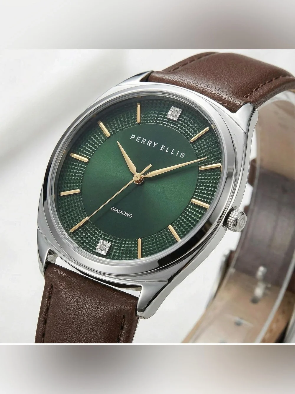 Perry Ellis Green Dial Watch with Brown Leather Strap